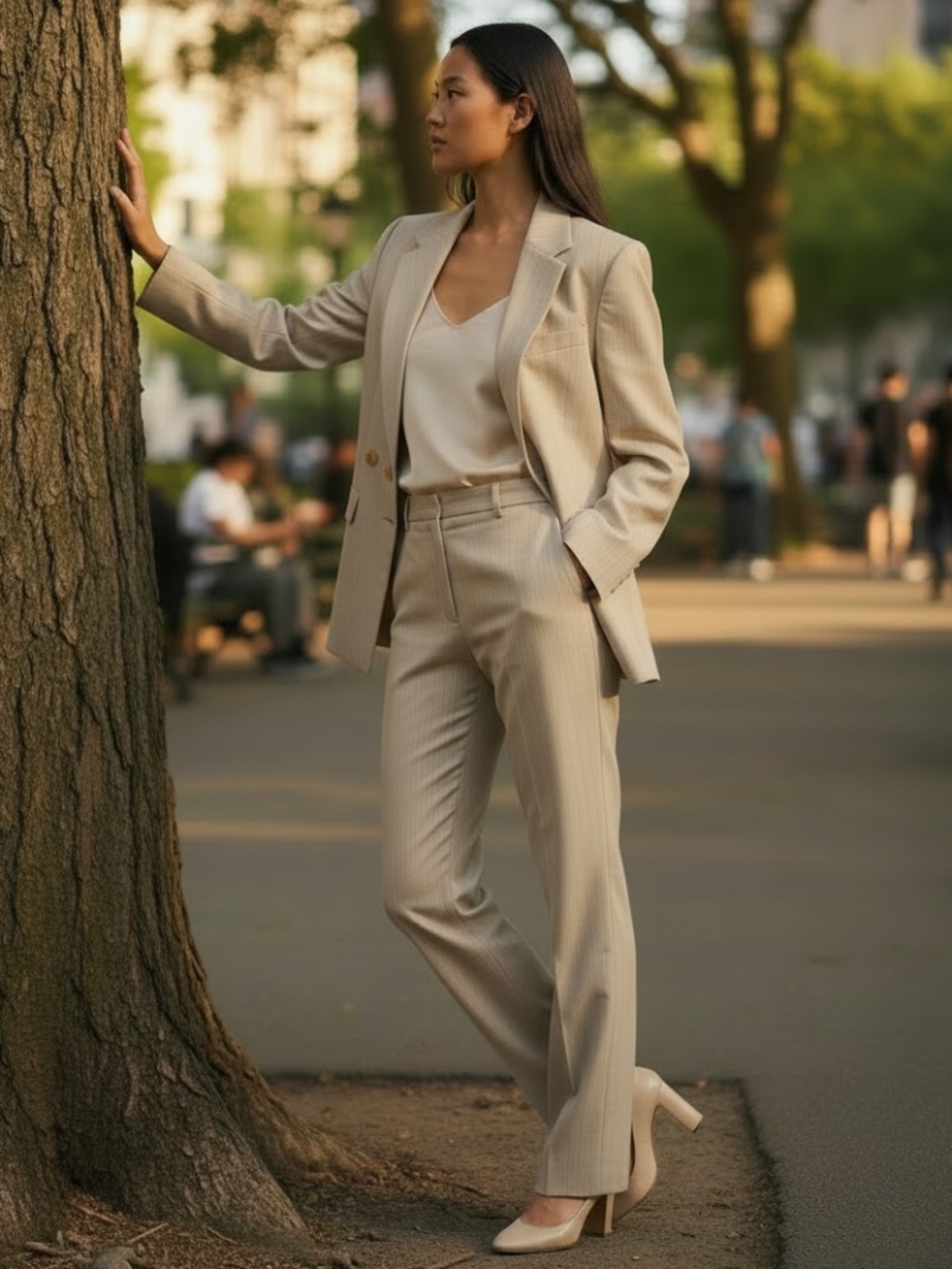 Liz Claiborne Light Tan Pinstripe Sz 14 Pant Suit, Dble breast blazer
